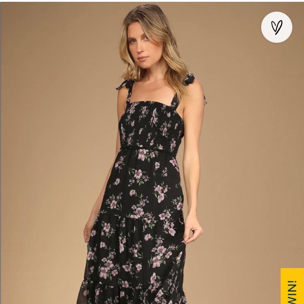 Lulus Black Floral Print Tie-Strap Tiered Midi Dress